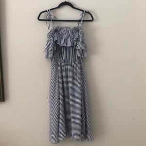 Ann Taylor LOFT Blue and White Seersucker Off the Shoulder Dress Size S